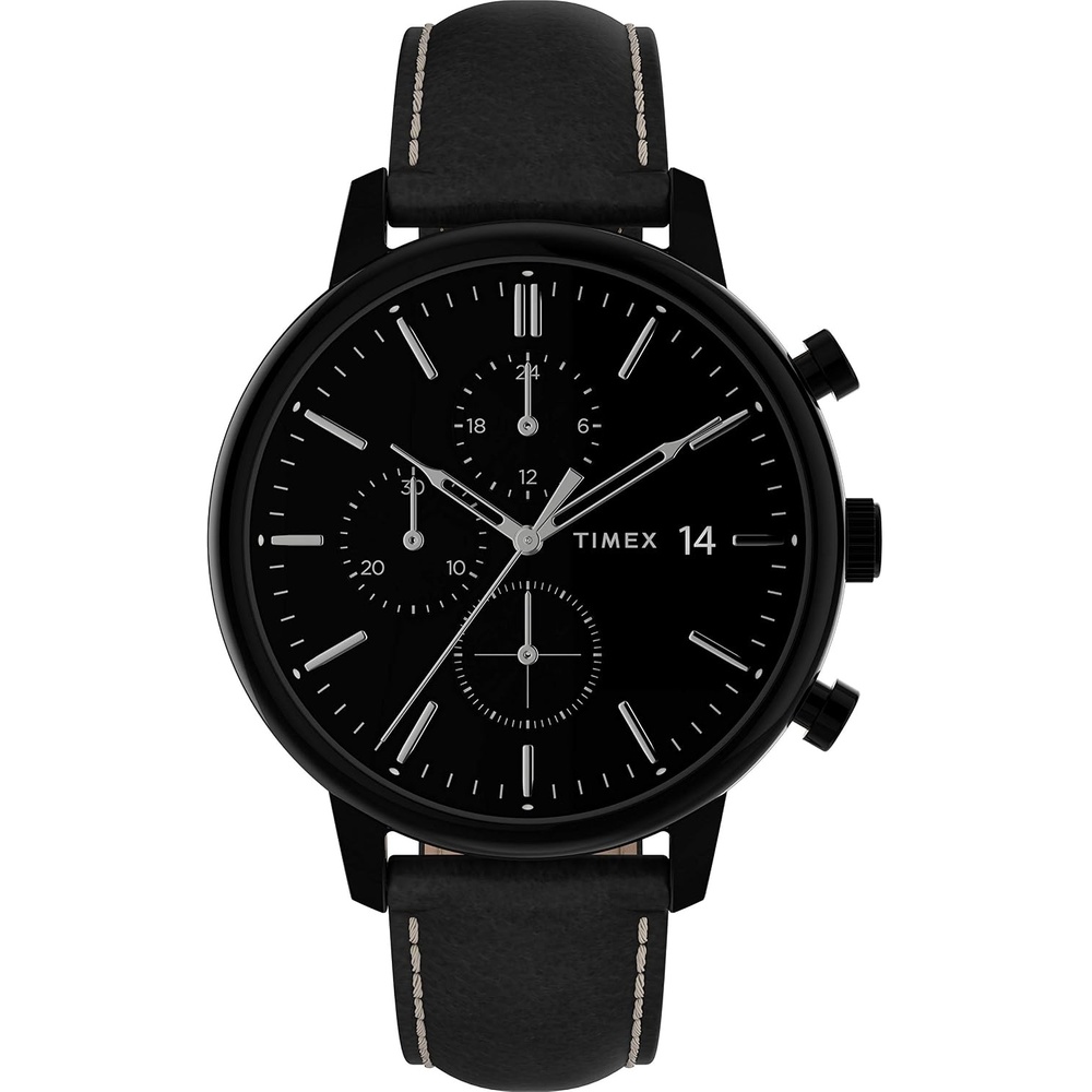image:imageTimex Mens Chicago Chronograph 45mm Watch Black Dial amp Case with Black Leather Strap