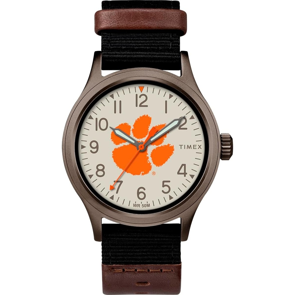 image:imageTimex Mens Collegiate Clutch 40mm Watch Alabama Crimson Tide with Black Fabric amp Brown Leather StrapClemson Tigers