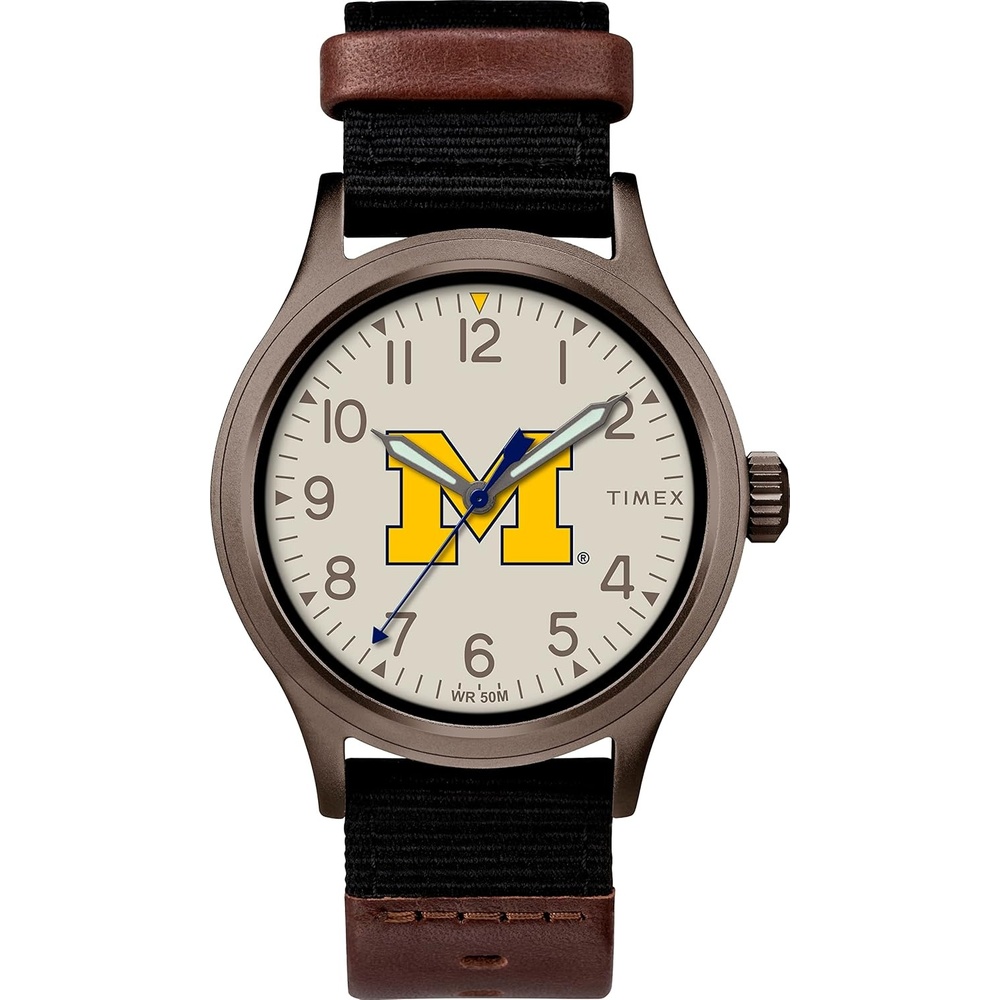 image:imageTimex Mens Collegiate Clutch 40mm Watch Alabama Crimson Tide with Black Fabric amp Brown Leather StrapMichigan Wolverines