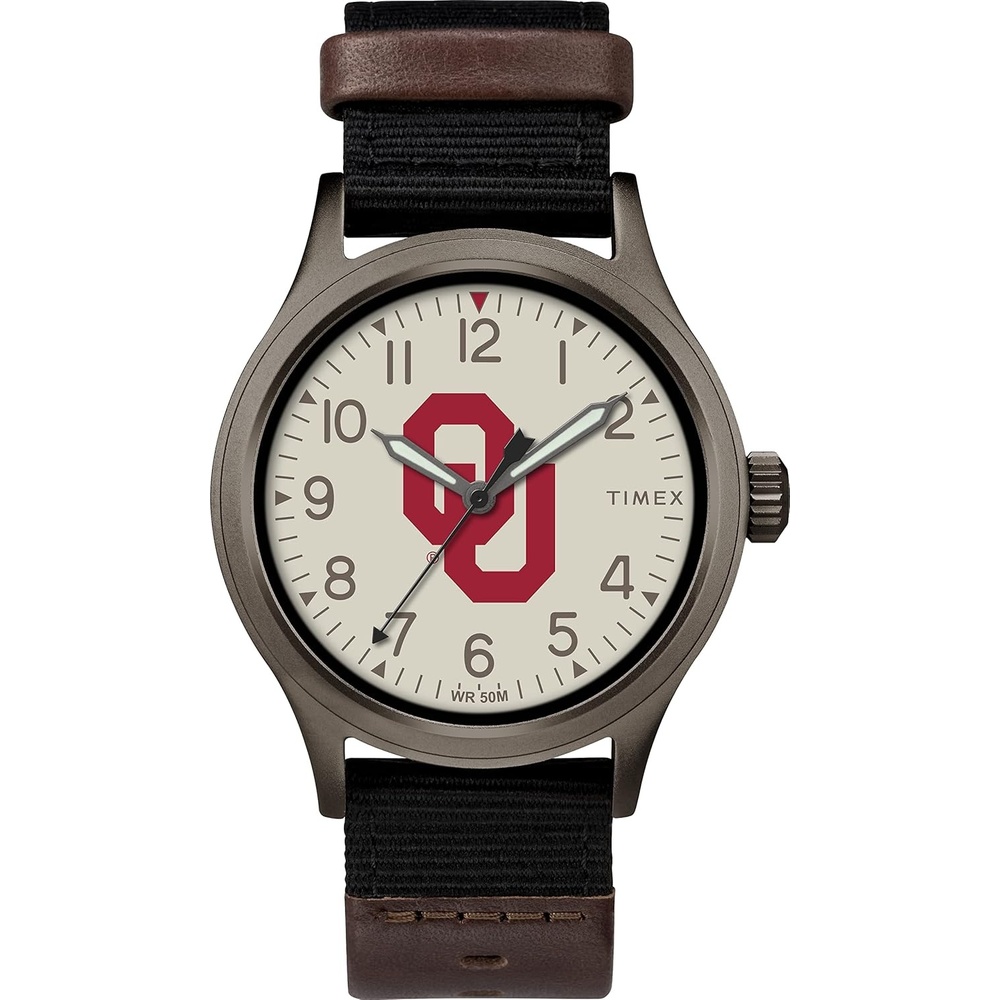 image:imageTimex Mens Collegiate Clutch 40mm Watch Alabama Crimson Tide with Black Fabric amp Brown Leather StrapOklahoma Sooners