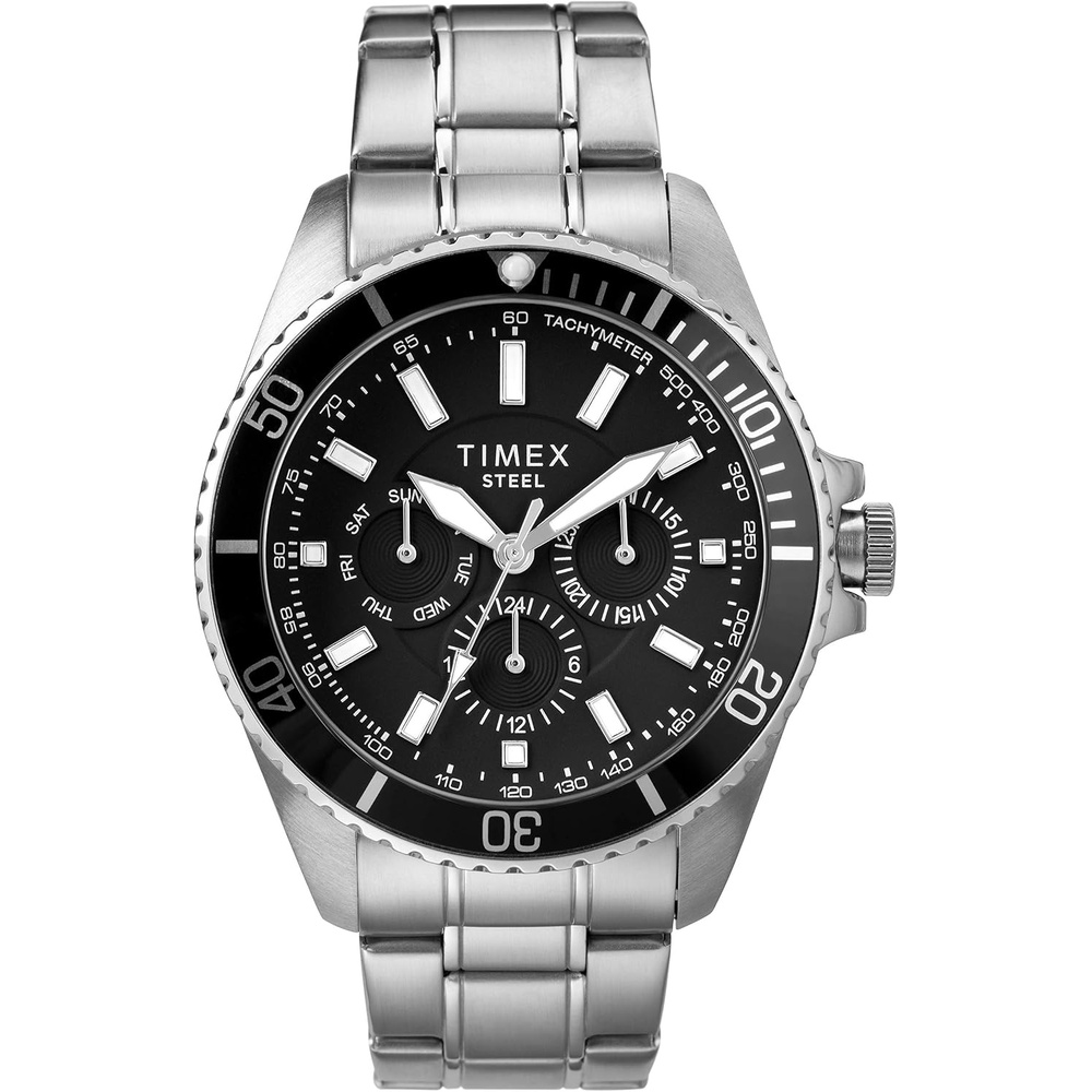 image:imageTimex Mens Dress Analog 44mm Stainless Steel Multifunction Bracelet WatchSilverToneBlack