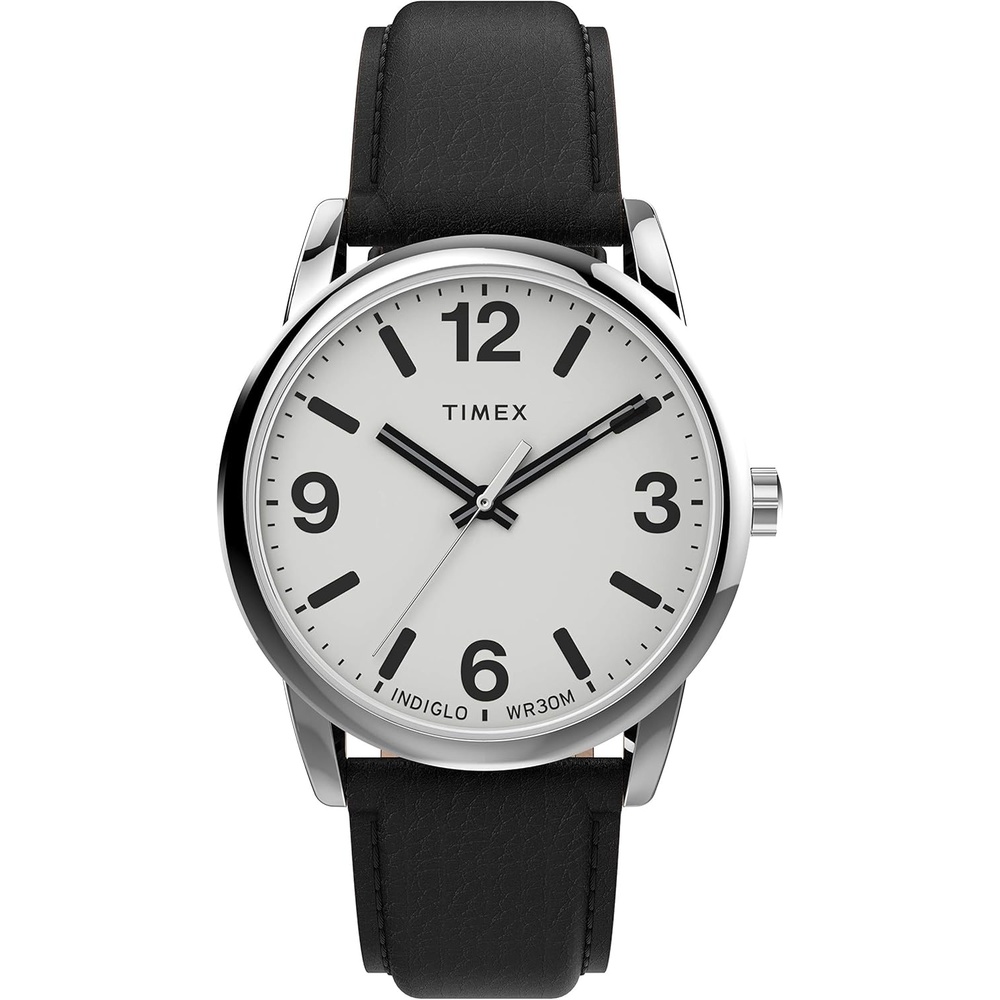 image:imageTimex Mens Easy Reader Bold 38mm Watch SilverTone Case White Dial with Black Leather Strap