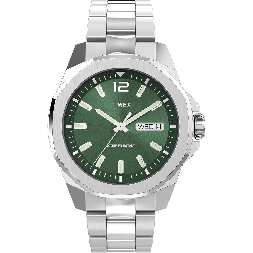 image:imageTimex Mens Essex Avenue DayDate 44mm Quartz WatchStainless SteelGreenSilverTone