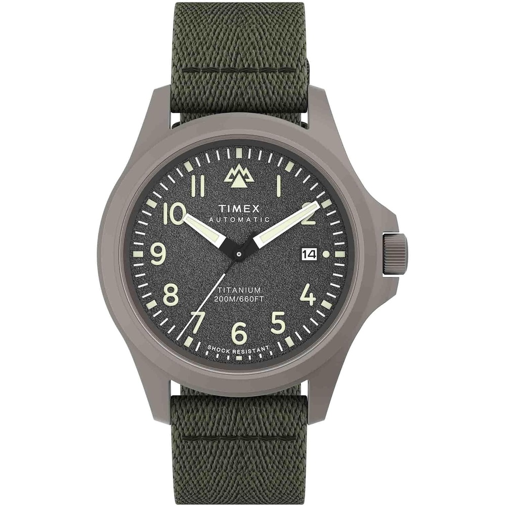 image:imageTimex Mens Expedition North Titanium Automatic 41mm Watch Green Strap Gray Dial Titanium Case