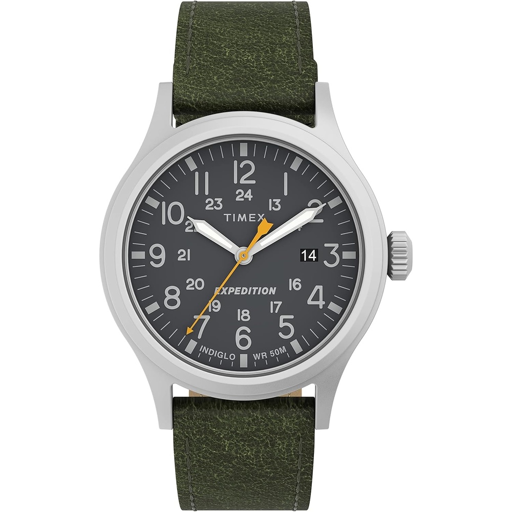 image:imageTimex Mens Expedition Scout 40mm Watch  SilverTone Case Black Dial with Green Leather Strap