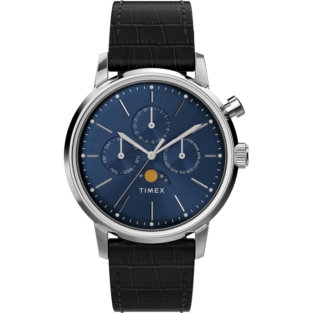 image:imageTimex Mens Marlin Moon Phase 40mm Watch  Black Strap Blue Dial Stainless Steel Case