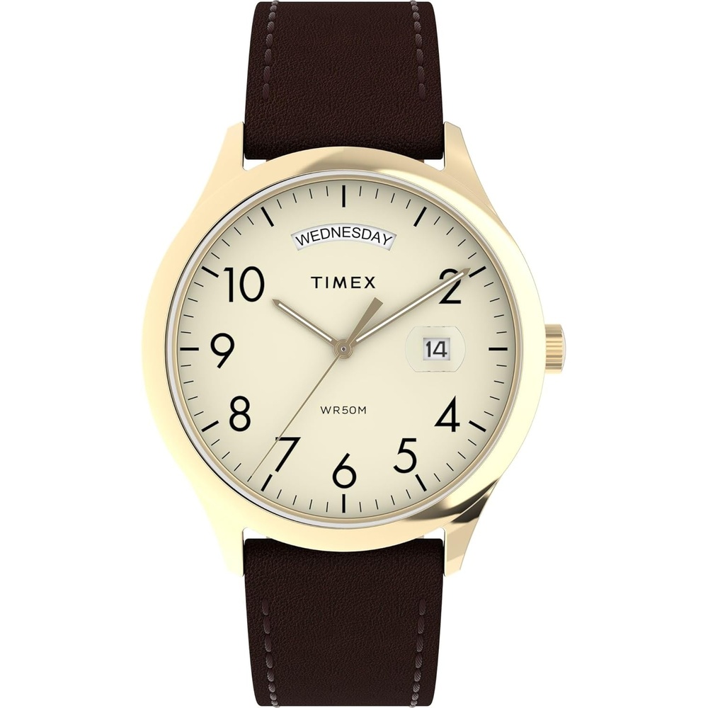 image:imageTimex Mens Modern Easy Reader 40mm Watch Black Strap White Dial SilverTone CaseBrownGoldToneCream