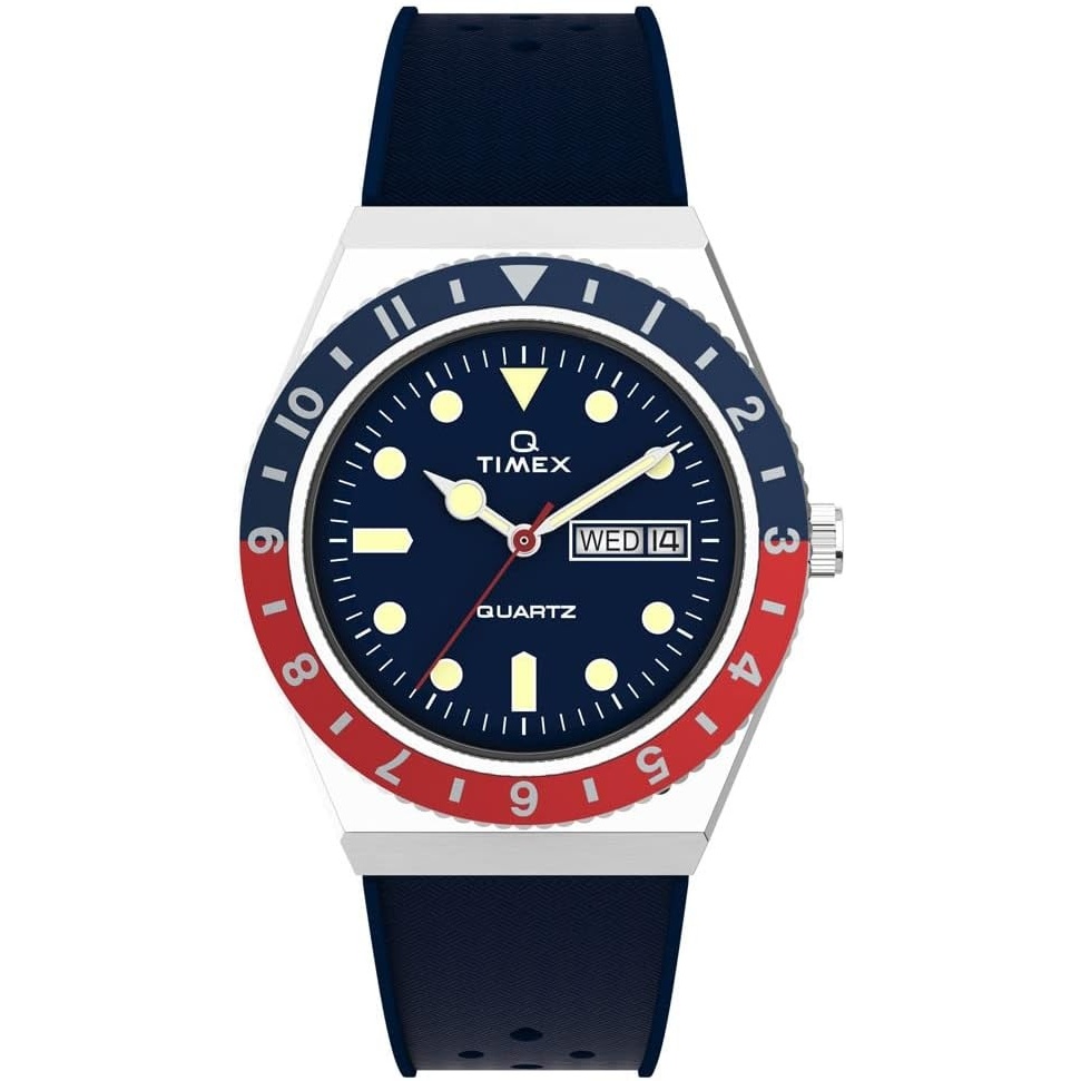 image:imageTimex Mens Q 38mm Watch Blue Dial Stainless Steel Case Blue Rubber Strap