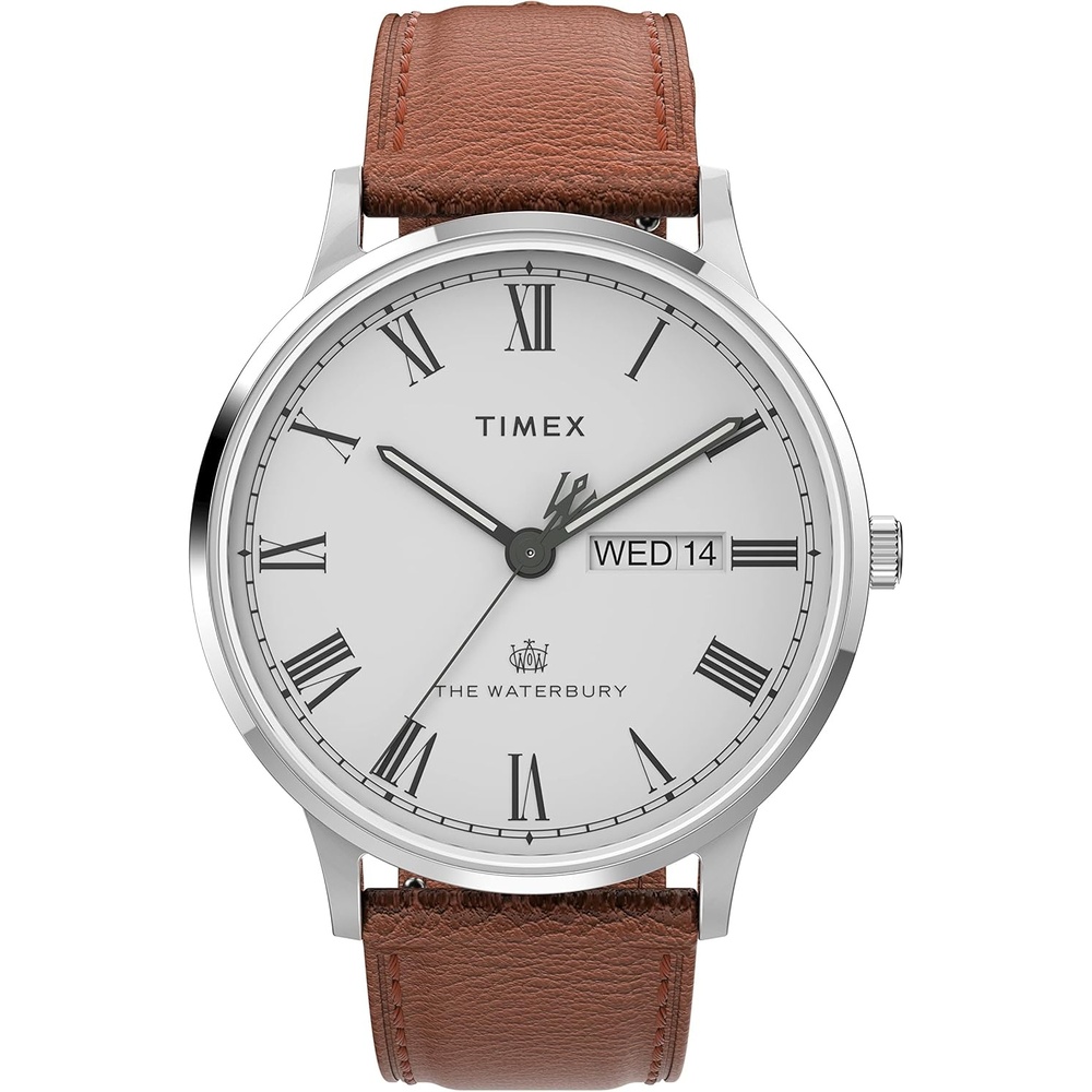 image:imageTimex Mens Waterbury Classic DayDate 40mm Watch SilverTone Case White Dial with Caramel Genuine Leather Strap