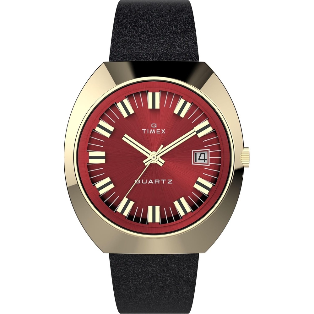 image:imageTimex Q Mens 1972 Reissue 43mm Watch GoldTone Case Burgundy Dial with Black Leather Strap