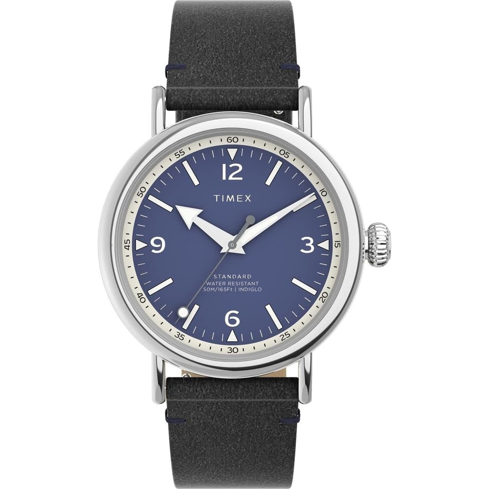 image:imageTimex Standard 3Hand 40mm Mens Analog Watch INDIGLO Backlight and Luminous Hands Adjustable and Durable Strap 50M Water ResistanceBlackSilverToneBlue