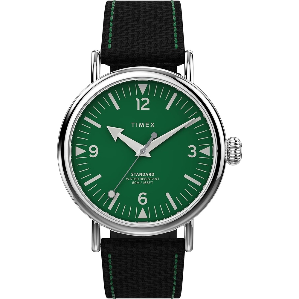 image:imageTimex Standard 3Hand 40mm Mens Analog Watch INDIGLO Backlight and Luminous Hands Adjustable and Durable Strap 50M Water ResistanceBlackSilverToneGreen