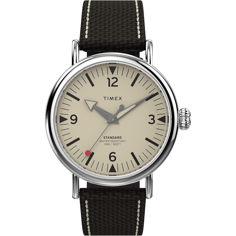 image:imageTimex Standard 3Hand 40mm Mens Analog Watch  INDIGLO Backlight and Luminous Hands  Adjustable and Durable Strap  50M Water ResistanceBrownSilverToneCream