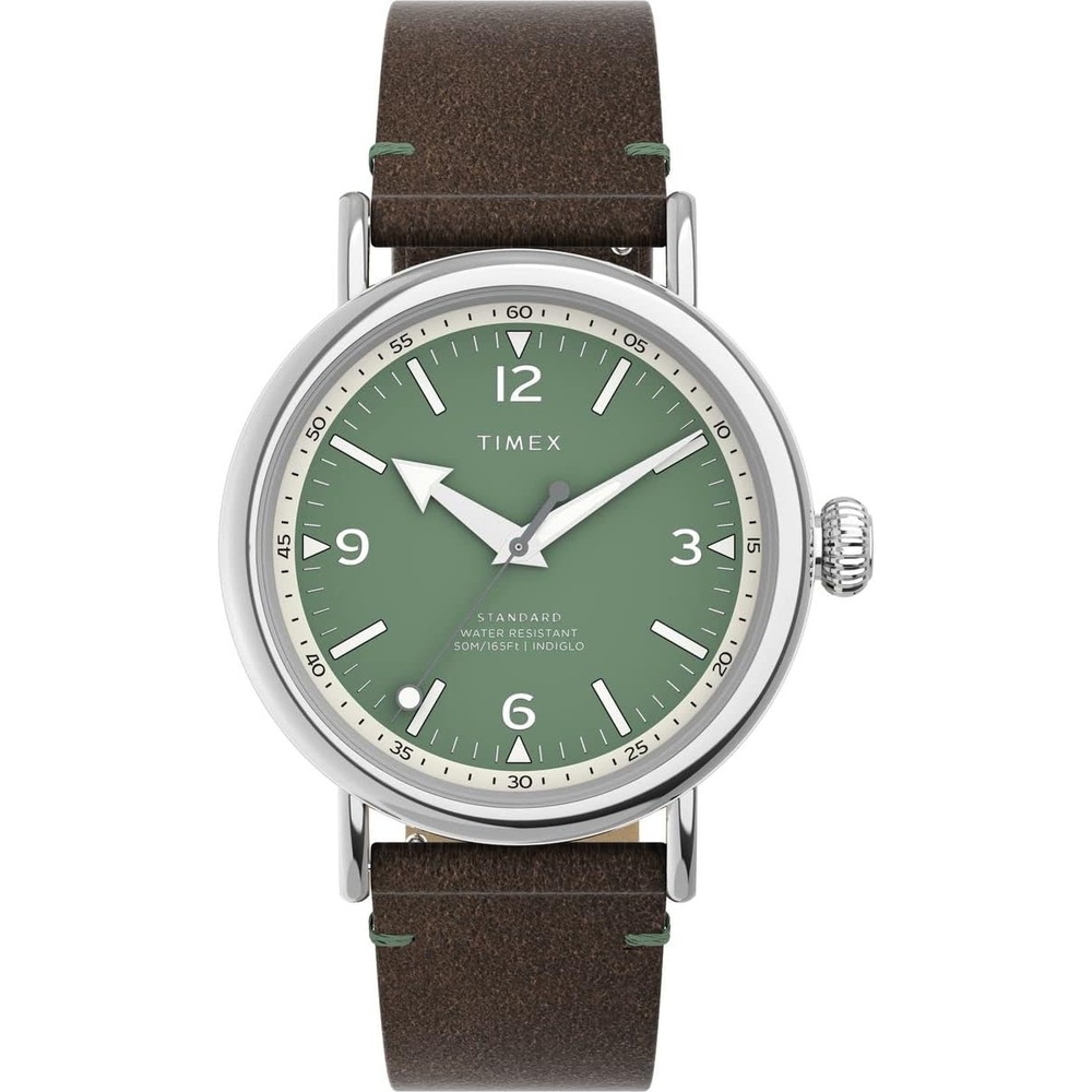 image:imageTimex Standard 3Hand 40mm Mens Analog Watch INDIGLO Backlight and Luminous Hands Adjustable and Durable Strap 50M Water ResistanceBrownSilverToneGreen