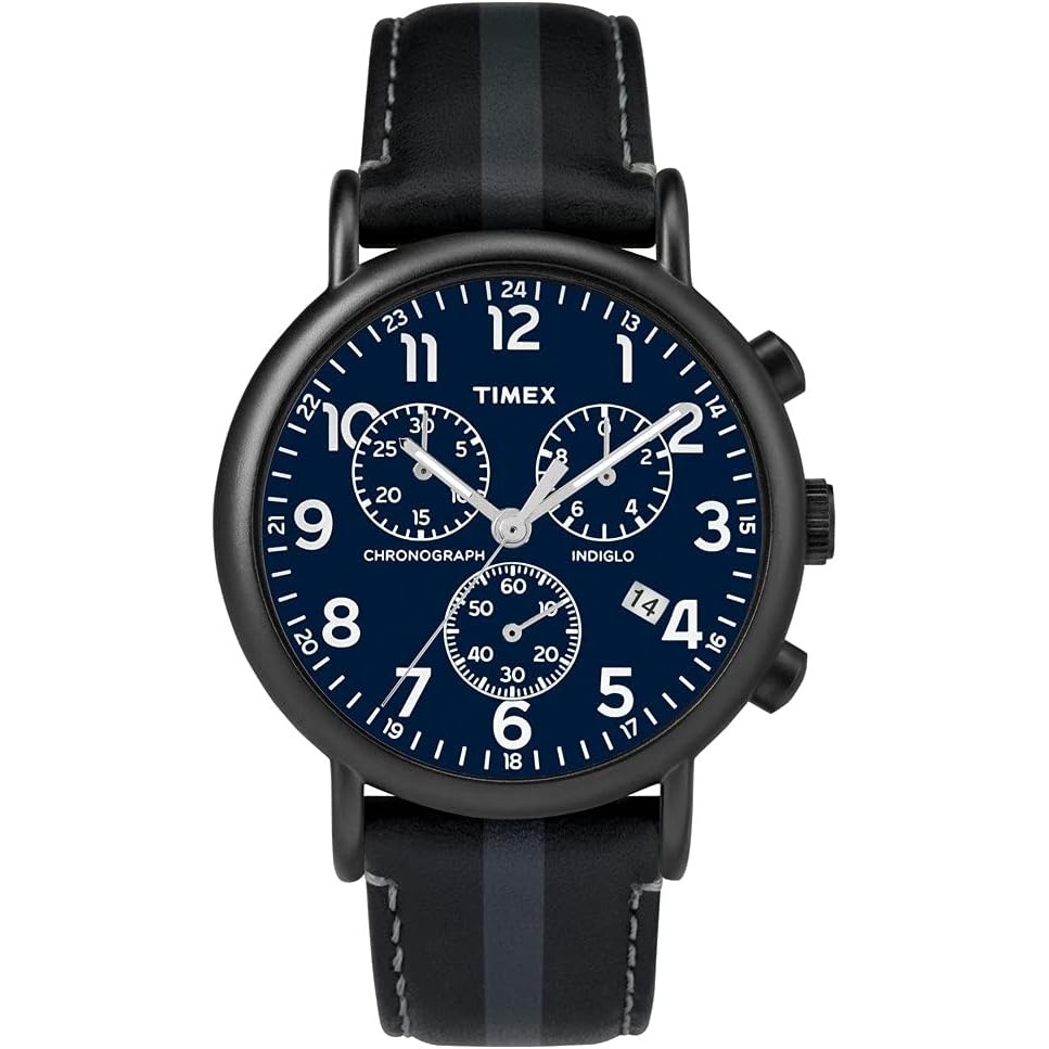 image:imageTimex Unisexs Analog Quartz Watch with Leather Strap TW2P624009JBlackGray StripeBlue