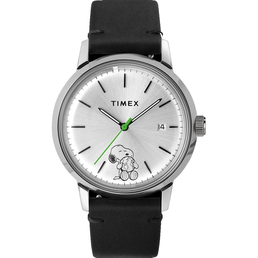 image:imageTimex x Peanuts Mens Marlin Automatic 40mm Watch Snoopy Take Care of The Earth with Black Genuine Leather Strap