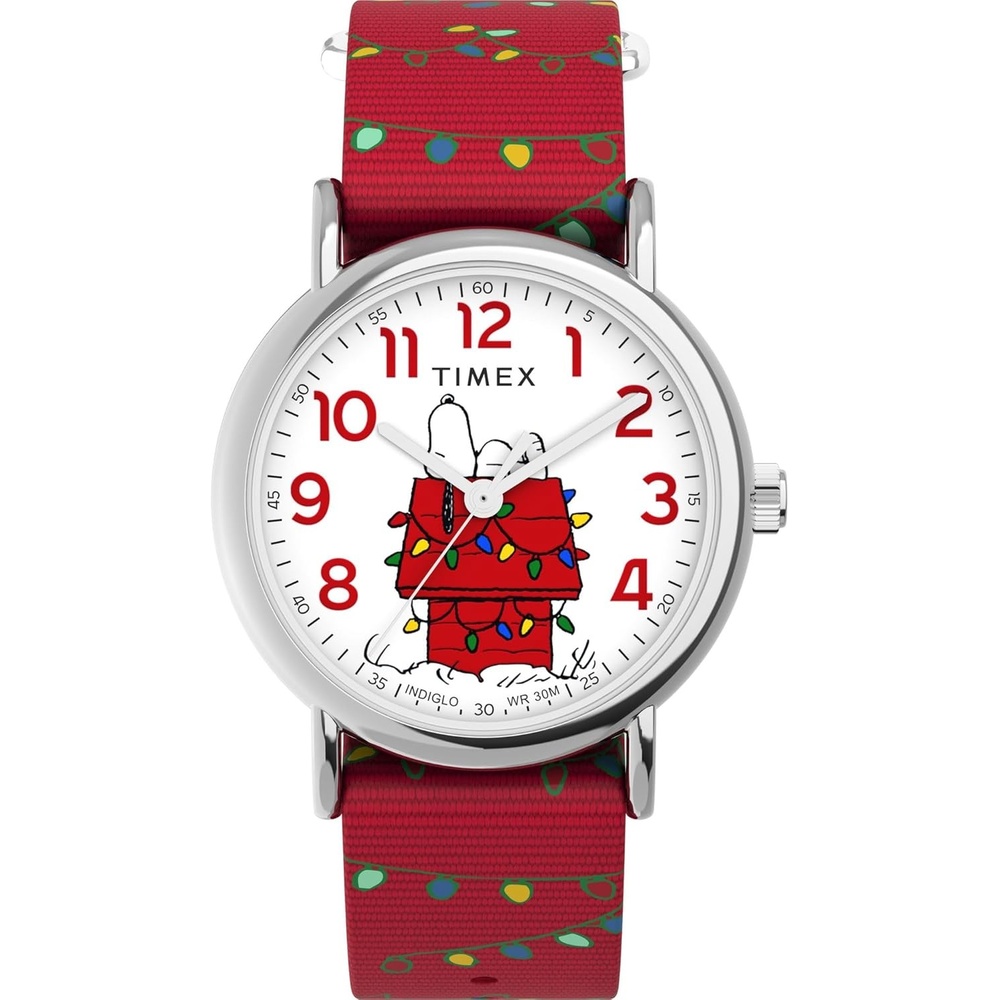 image:imageTimex x Peanuts Womens Weekender Holiday 38mm Watch  Red Strap White Dial SilverTone Case