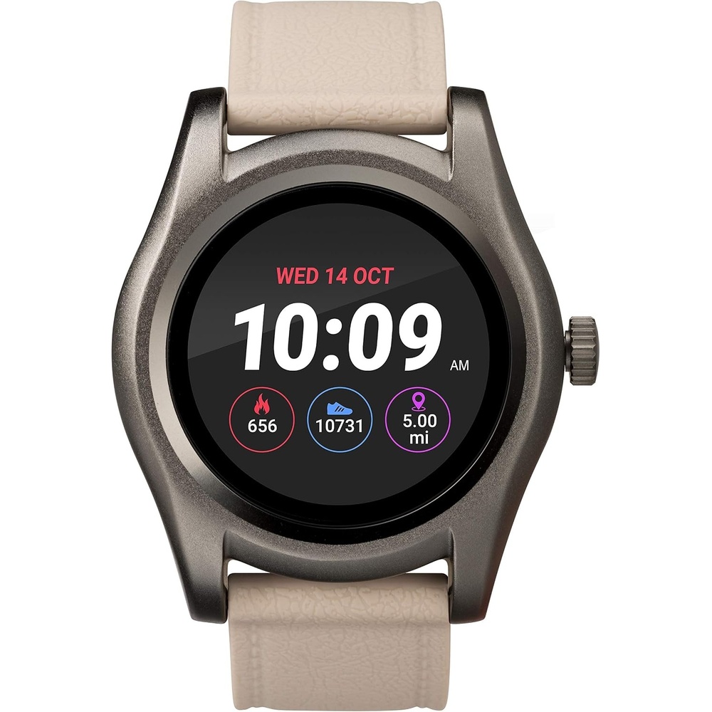 image:imageiConnect by Timex Classic Round Touchscreen Smartwatch with Heart Rate Notifications and TwoWay Bluetooth CallingBeigeGunmetal