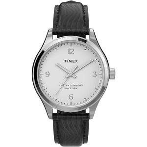 Timex 34 mm Waterbury Traditional Leather Strap Watch(Black/Silver/White)