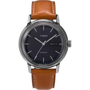 Timex 40 mm Marlin Auto Silver Case Blue Dial Tan Leather Strap