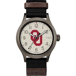 Timex Men’s Collegiate Clutch 40mm Watch – Alabama Crimson Tide with Black Fabric & Brown Leather Strap(Oklahoma Sooners)