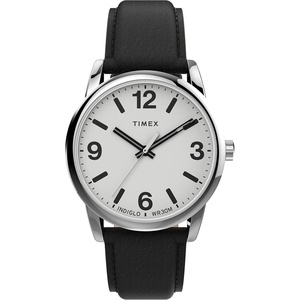 Timex Men’s Easy Reader Bold 38mm Watch – Silver-Tone Case White Dial with Black Leather Strap