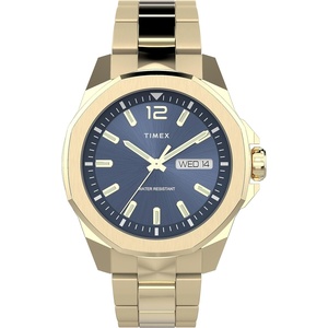 Timex Men’s Essex Avenue Day-Date 44mm Quartz Watch(Gold-Tone/Blue/Gold-Tone)