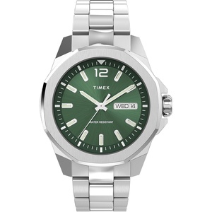 Timex Men’s Essex Avenue Day-Date 44mm Quartz Watch(Stainless Steel/Green/Silver-Tone)