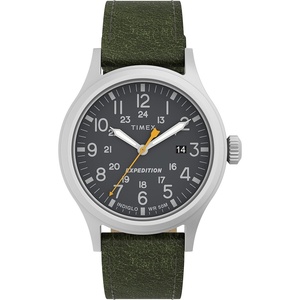 Timex Men’s Expedition Scout 40mm Watch – Silver-Tone Case Black Dial with Green Leather Strap