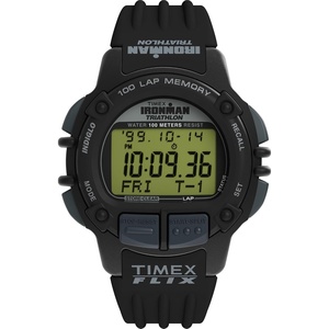 Timex Men’s Ironman Triathlon Flix 100 Lap 42mm Watch(Black/Black/Digital Neg Display)