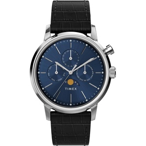 Timex Men’s Marlin Moon Phase 40mm Watch – Black Strap Blue Dial Stainless Steel Case