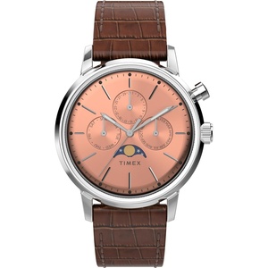 Timex Men’s Marlin Moon Phase 40mm Watch – Brown Strap Rose Gold-Tone Dial Stainless Steel Case