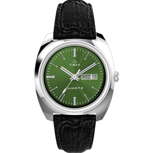 Timex Men’s Q 1978 Day/Date 37mm Watch – Black Strap Green Dial Stainless Steel Case