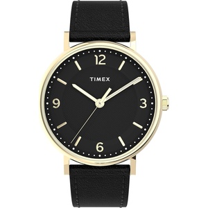 Timex Men’s Southview 41mm Watch – Gold-Tone Case Black Dial with Black Leather Strap
