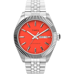 Timex Men’s Waterbury Legacy Day-Date 41mm Watch – Orange Dial with Stainless Steel Case & Bracelet