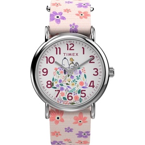 Timex Women’s Peanuts Floral 38mm Watch – Pink Strap White Dial Silver-Tone Case(Pink/White/Silver-Tone)